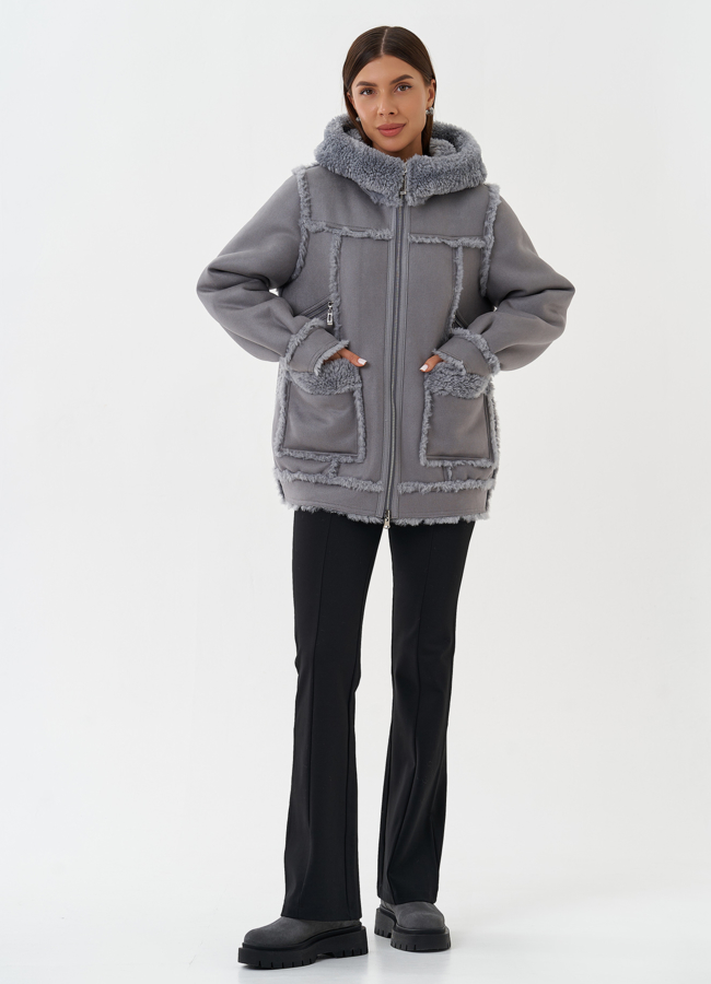 Женская двухсторонняя дубленка из эко кожи модель № 28650 меха малина