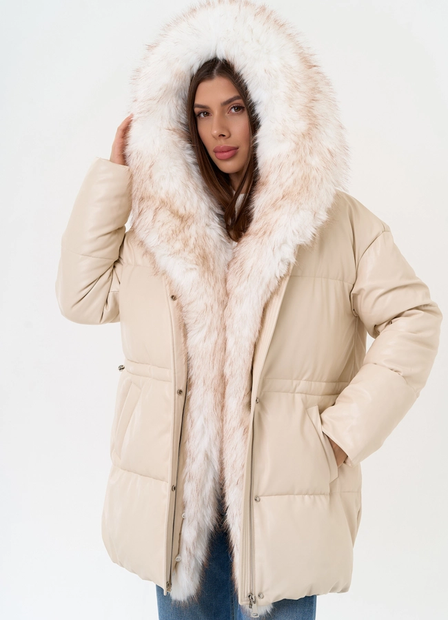 Женский пуховик из эко кожи с отделкой из эко меха модель № 30733 меха малина