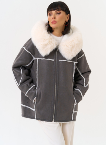 Женская дубленка из эко замши с капюшоном из эко меха Женская дубленка из эко замши с капюшоном из эко меха