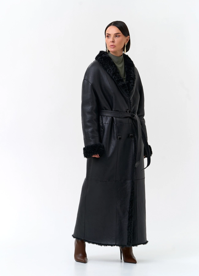 Двусторонняя женская дубленка из овчины в черном цвете модель № 31988 универмаг малина