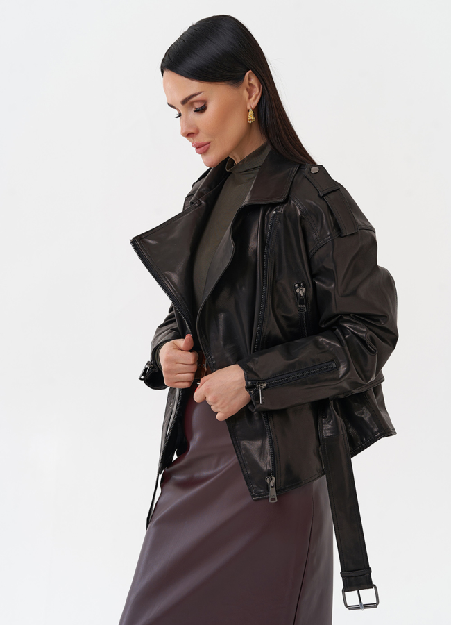 Женская кожаная куртка с поясом модель № 29916 универмаг малина