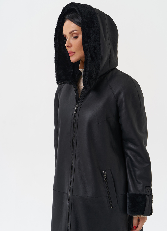 Натуральная дубленка с капюшоном модель № 28956 универмаг малина