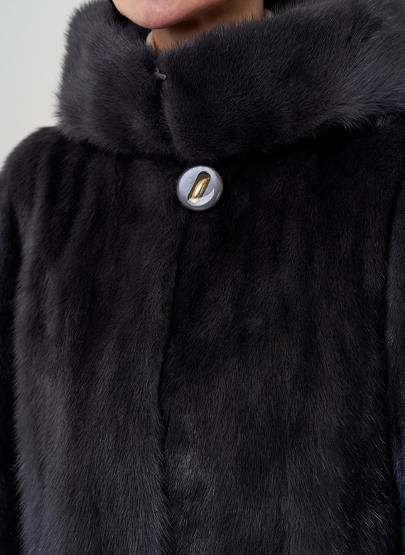 Норковая шуба балетка, в цвете графит с капюшоном