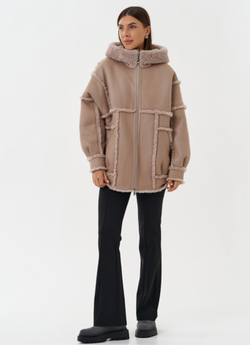 Двухсторонняя эко дубленка с капюшоном
