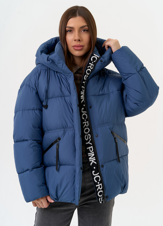 Женский пуховик синего цвета с капюшоном модель № 31534 меха малина