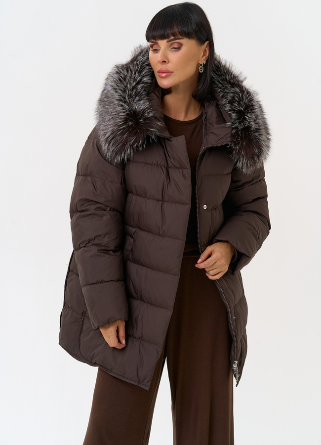 Женский пуховик с капюшоном из меха чернобурки модель № 31516 универмаг малина