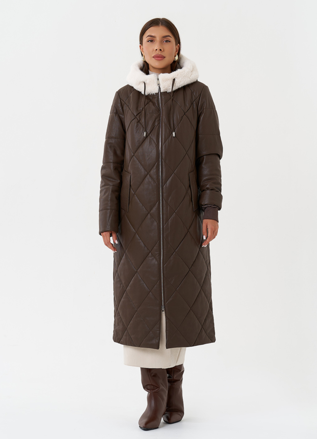 фото Пуховик из эко кожи с капюшоном модель № 27730