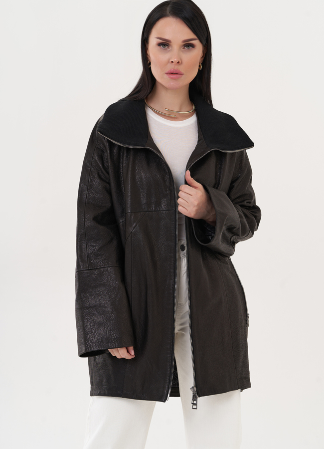 Кожаная удлиненная куртка черного цвета модель № 27142 универмаг малина