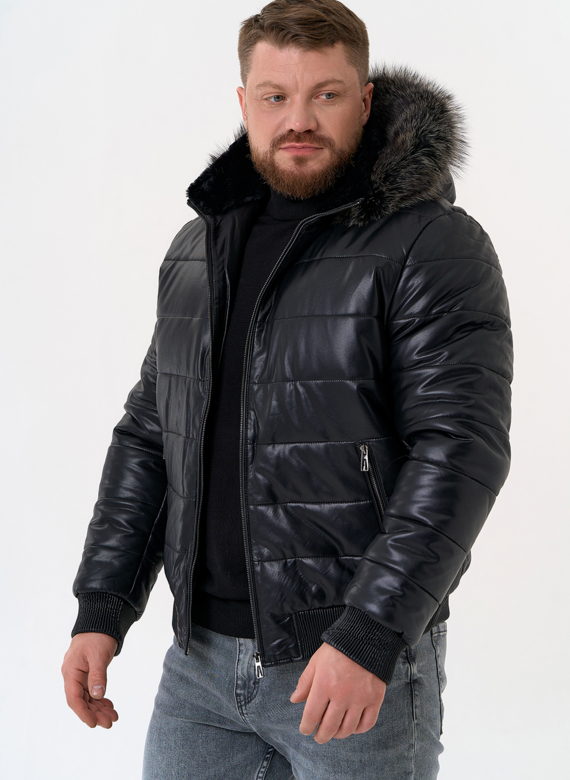 Пуховик из эко кожи черного цвета  Пуховик из эко кожи черного цвета