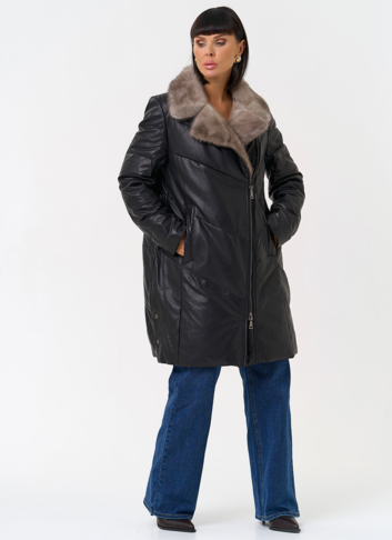 Пуховик из натуральной кожи с воротником из меха норки