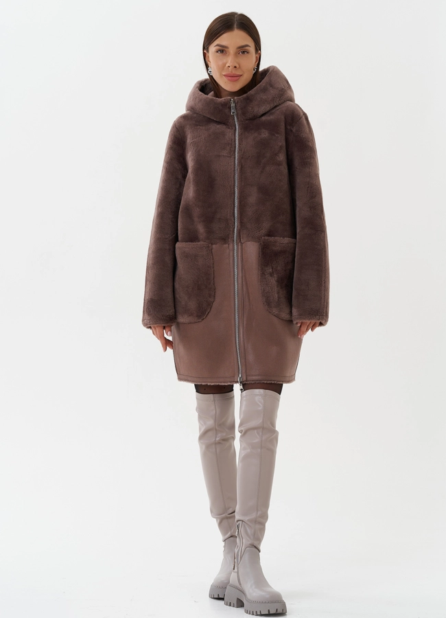 Двухсторонняя дубленка из эко кожи с капюшоном модель № 27763 универмаг малина