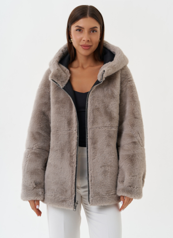 Женская эко дубленка с капюшоном