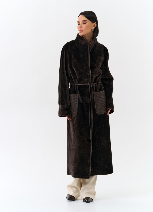 Женская дубленка с декоративным поясом модель № 32085 в кредит