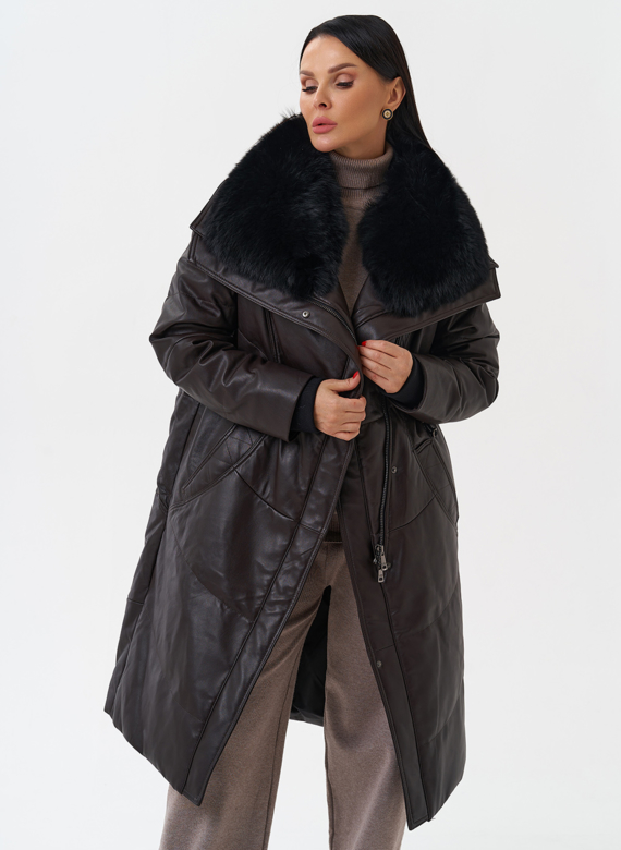 Женский кожаный пуховик с отделкой из натурального меха