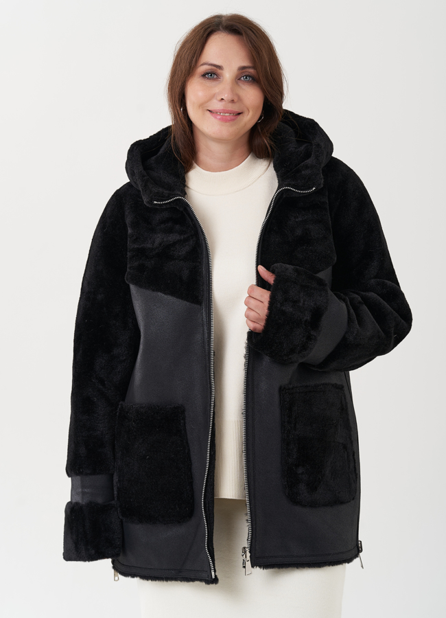 Женская дубленка с капюшоном  модель № 25402 универмаг малина