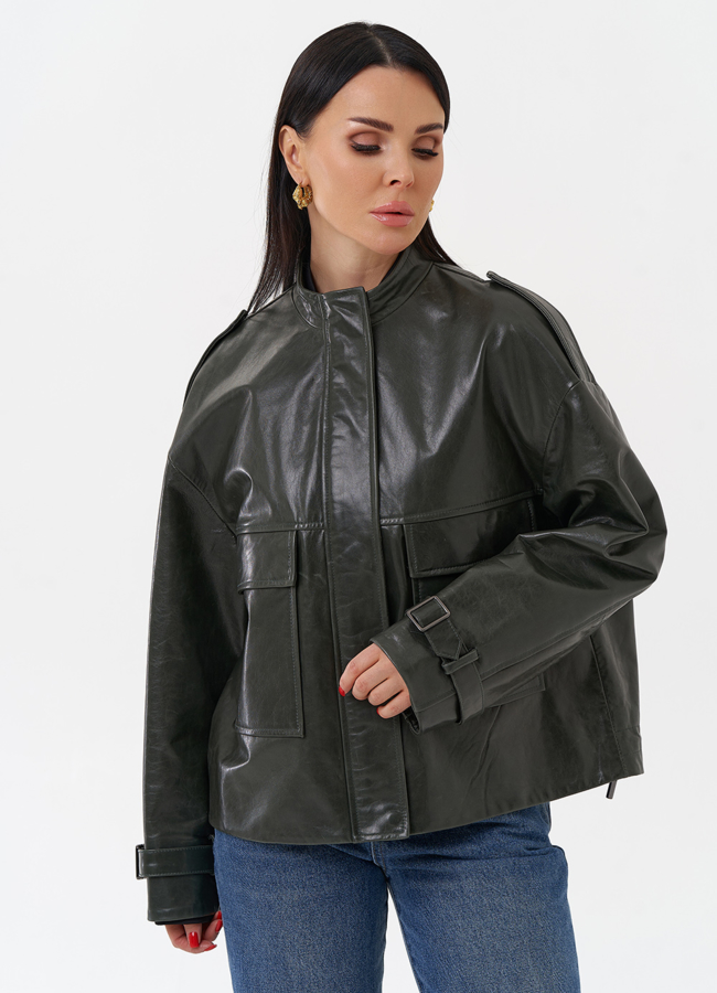 Женская кожаная куртка зеленого цвета модель № 77871 меха малина