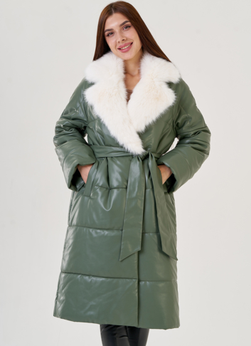 Женский классический пуховик Malina Siberian из эко кожи в зеленом цвете