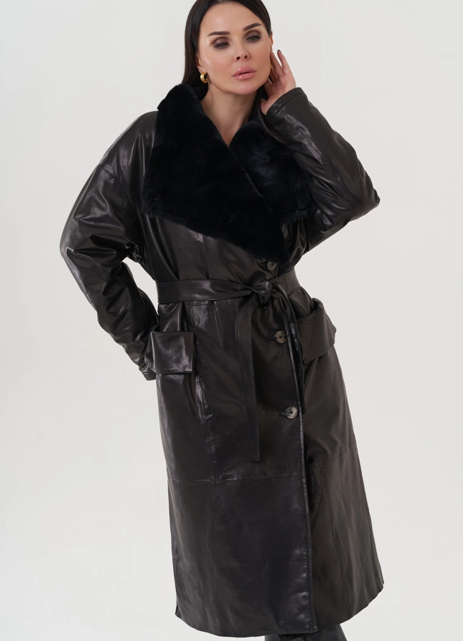 Пальто женское из натуральной кожи с отделкой из кролика  модель № 25377 универмаг малина