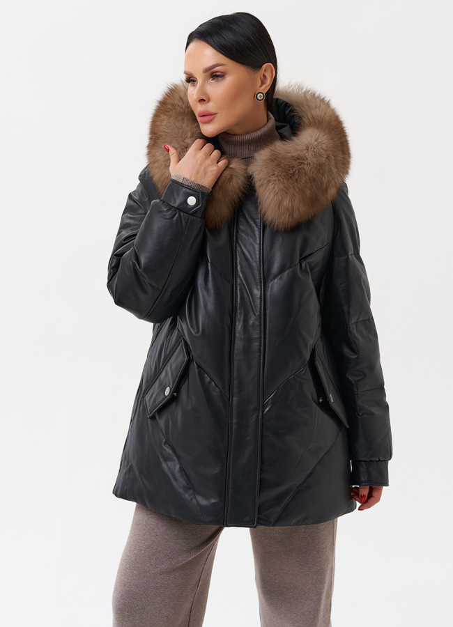 Женский кожаный пуховик с капюшоном модель № 28912 универмаг малина