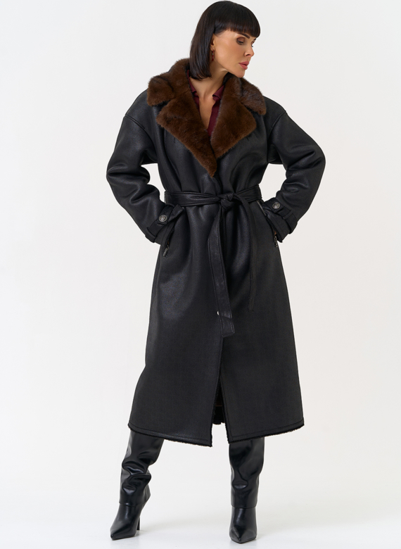 Женская дубленка из эко замши с английским воротником
