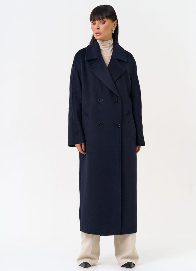 Женское пальто синего цвета с поясом модель № 31688 универмаг малина