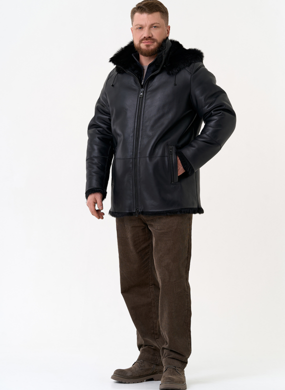 Мужская дубленка черного цвета с капюшоном Мужская дубленка черного цвета с капюшоном