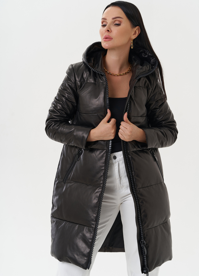 Кожаный пуховик с капюшоном модель № 15013 универмаг малина