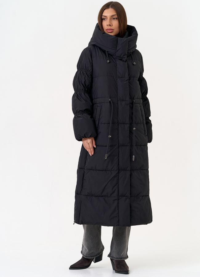 Женский пуховик черного цвета с капюшоном модель № 31581 универмаг малина