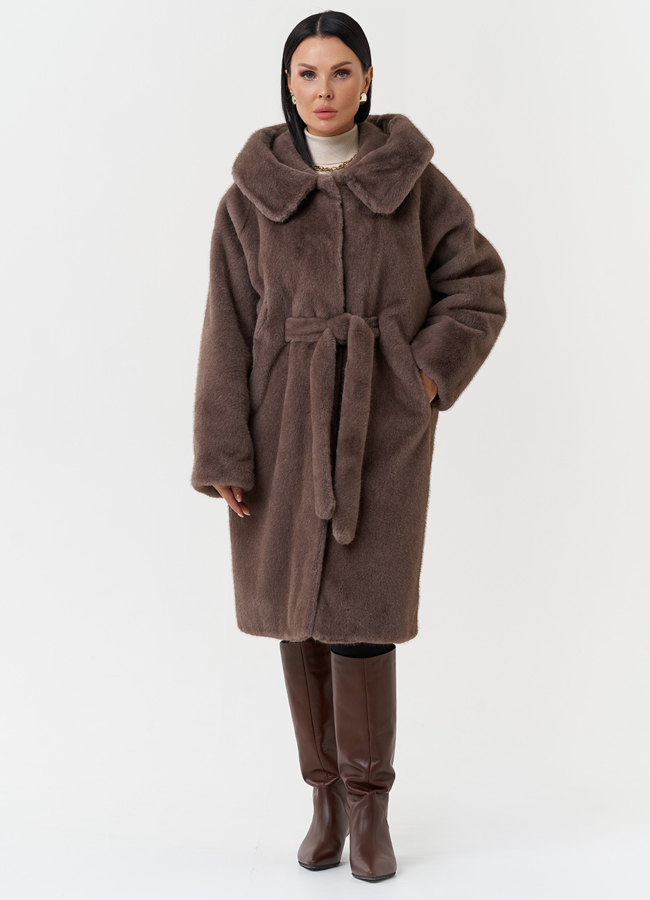 Пальто из эко меха с капюшоном модель № 28640 меха малина