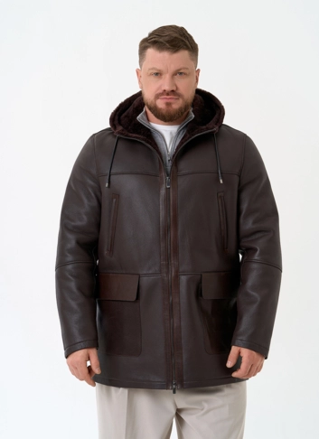 Мужская натуральная дубленка с капюшоном