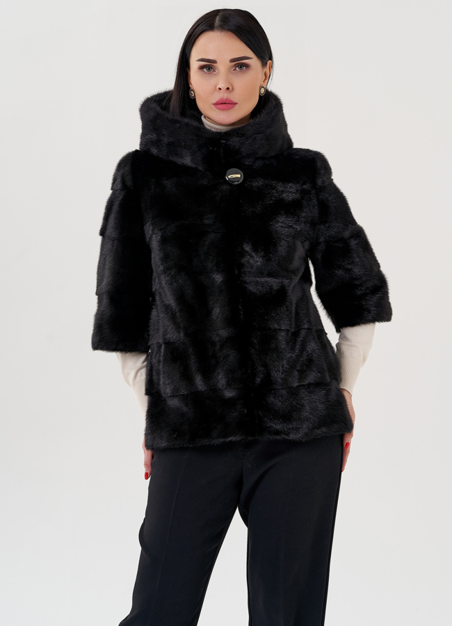 Шуба из норки с капюшоном черного цвета модель № 24727 универмаг малина