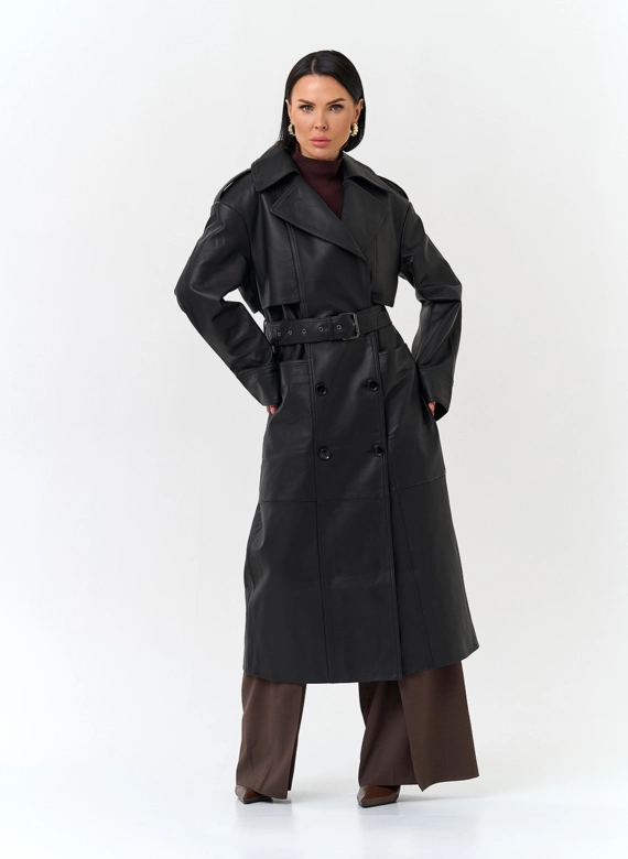 Женский плащ из натуральной кожи с поясом