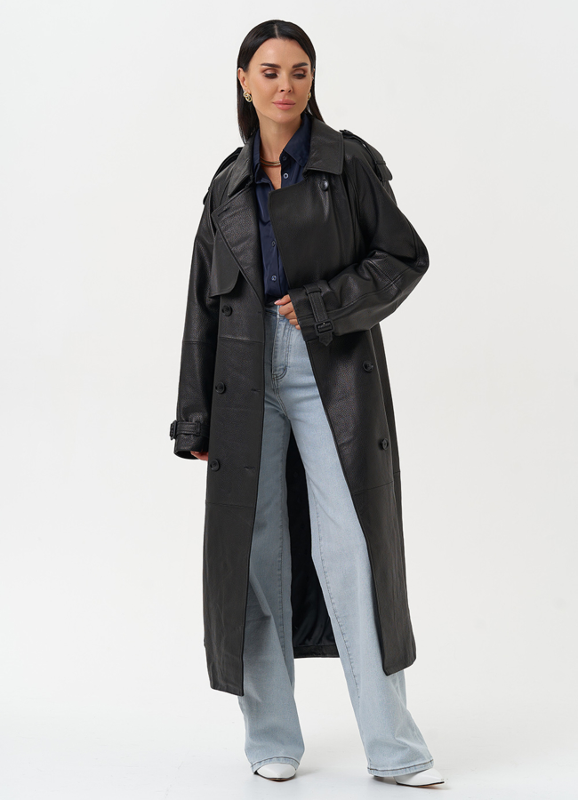 Длинный плащ из натуральной кожи черного цвета модель № 30626 универмаг малина