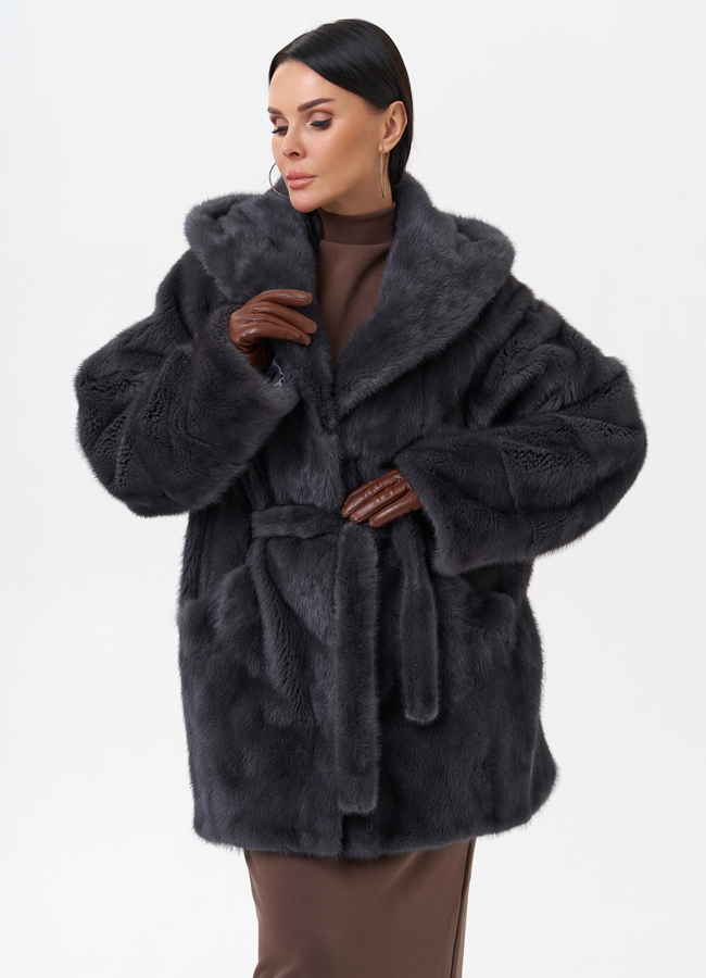 Короткая норковая шуба с капюшоном модель № 29522 универмаг малина