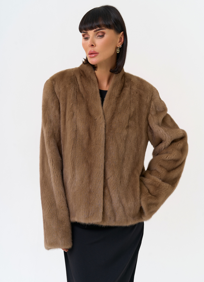 Укороченная шуба из меха норки  модель № 31600 меха малина