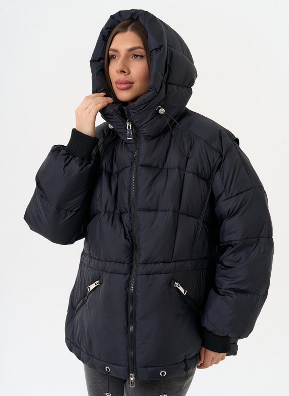 Женский черный пуховик с капюшоном