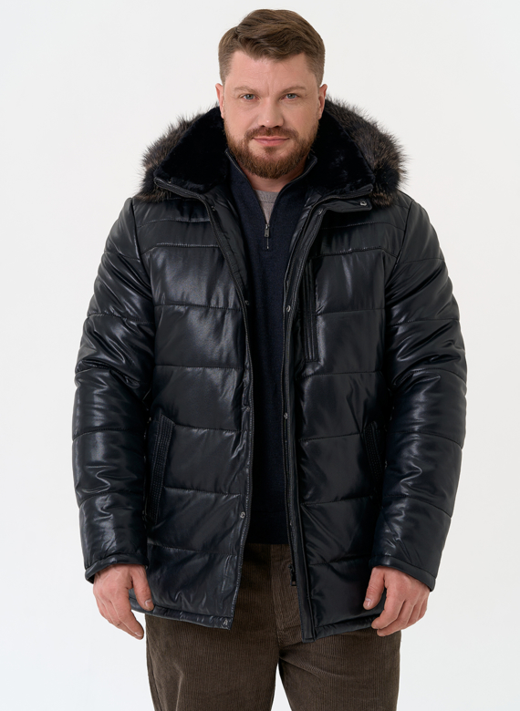 Пуховик из эко кожи с капюшоном из меха енота Пуховик из эко кожи с капюшоном из меха енота