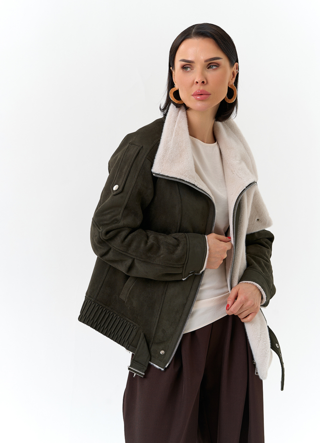 Женская дубленка бомбер из эко замши модель № 32693 в кредит