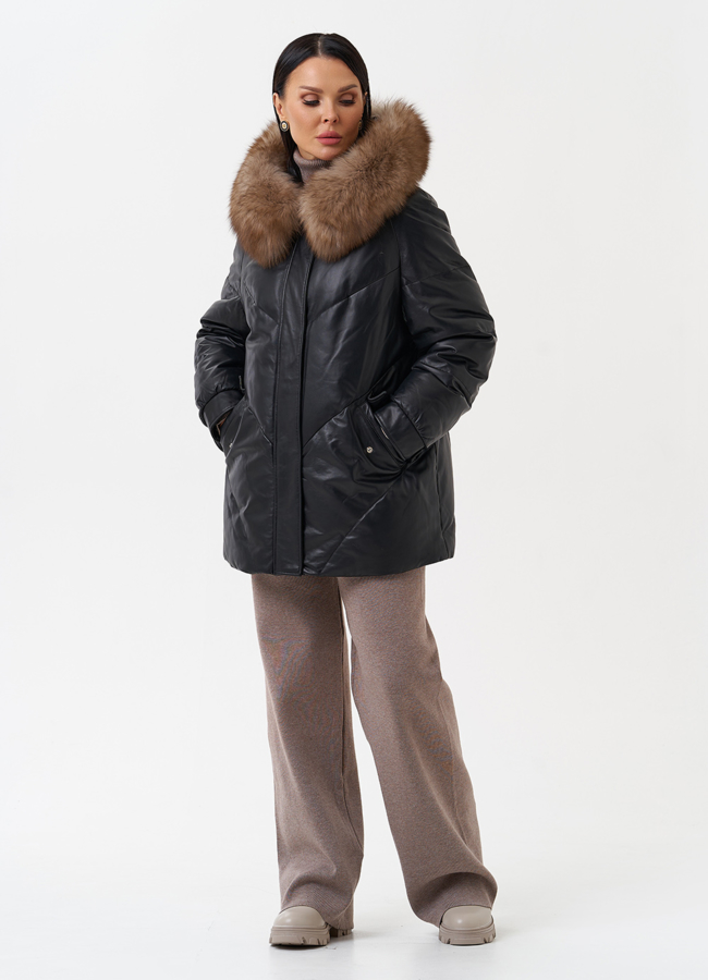 Женский кожаный пуховик с капюшоном модель № 28912 в кредит