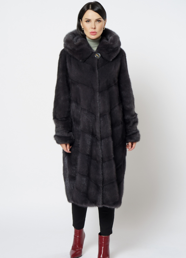 фото Длинная норковая шуба в сером цвете модель № 25039