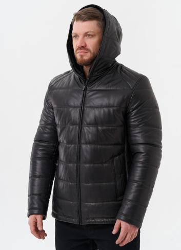 Пуховик из натуральной кожи с отделкой из мутона