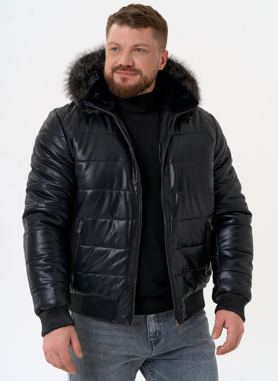 Пуховик из эко кожи черного цвета  Пуховик из эко кожи черного цвета