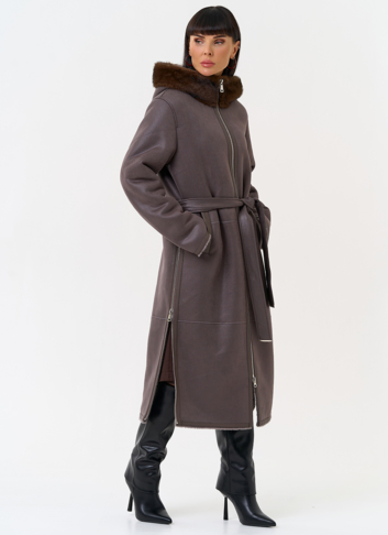 Женская дубленка из эко замши с поясом Женская дубленка из эко замши с поясом