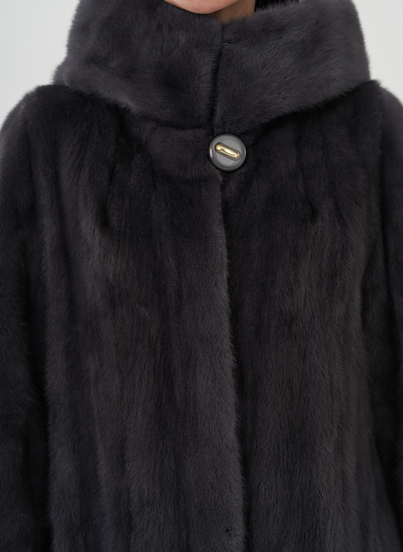 Норковая шуба годе/балетка в роспуск с капюшоном цвета графит