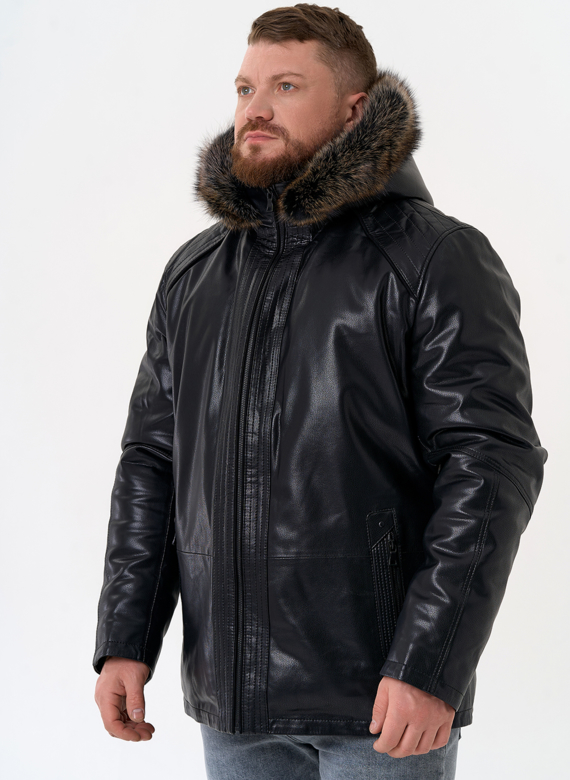 Пуховик из эко кожи с капюшоном из меха енота Пуховик из эко кожи с капюшоном из меха енота