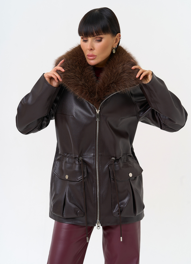 Удлиненная куртка из эко кожи с воротником из эко меха модель № 31541 меха малина