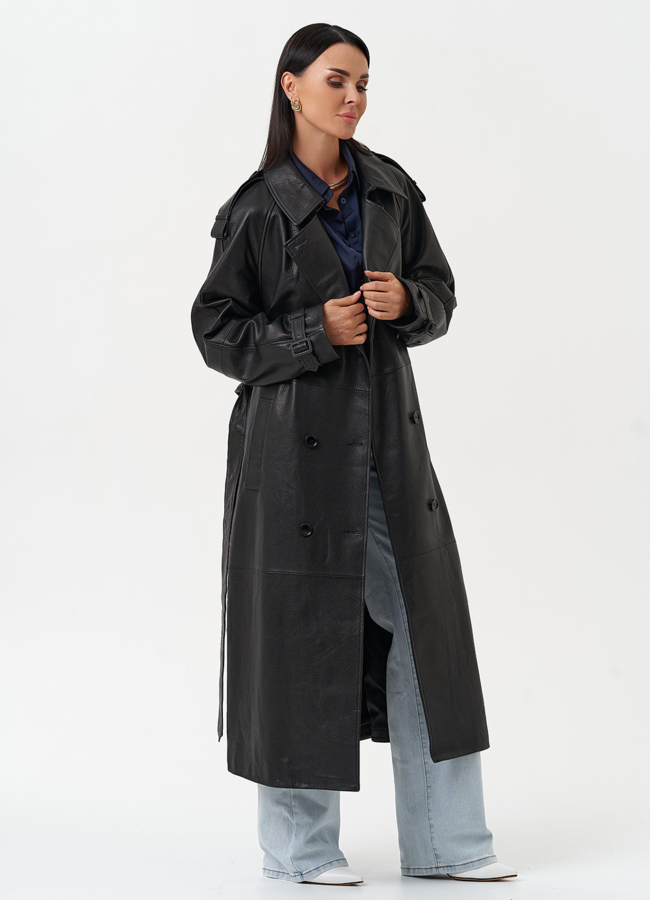 Длинный плащ из натуральной кожи черного цвета модель № 30626 универмаг малина