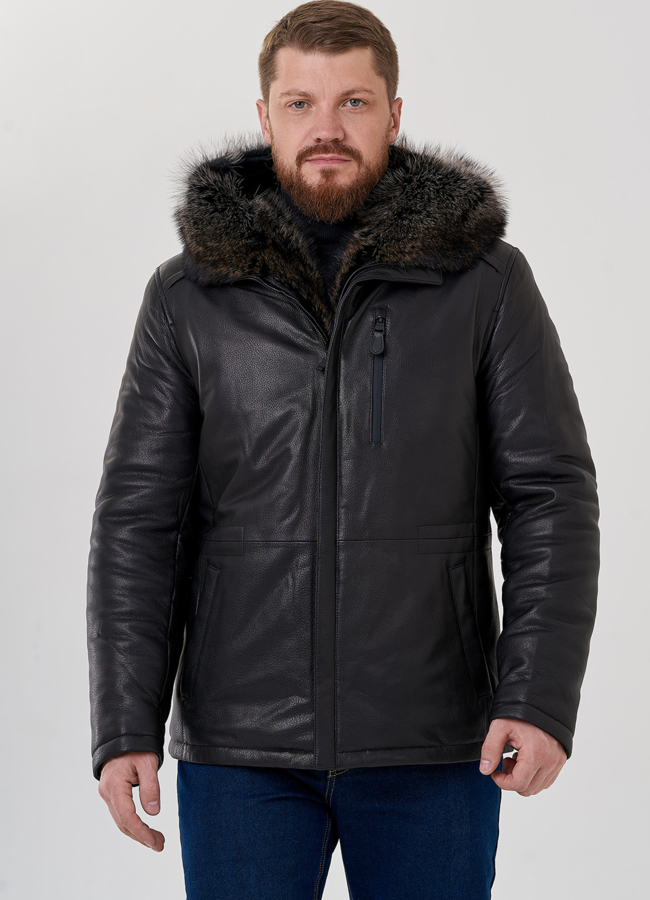 Мужской пуховик из натуральной кожи с мехом модель № 79173 универмаг малина