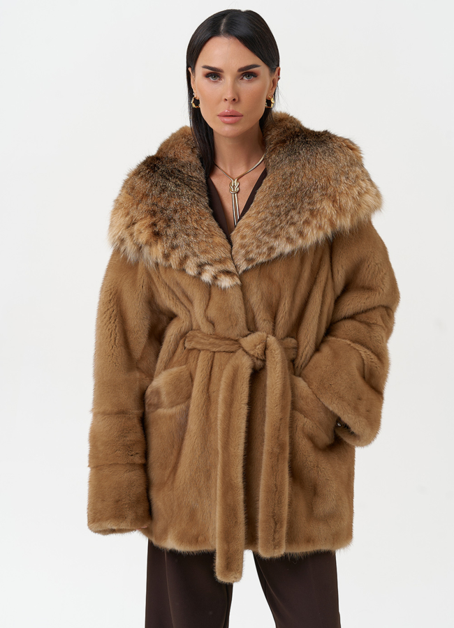 Женская шуба из меха норки с капюшоном из меха рыси модель № 31165 меха малина