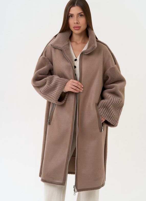 Женская двухсторонняя дубленка из эко замши с воротником стойкой